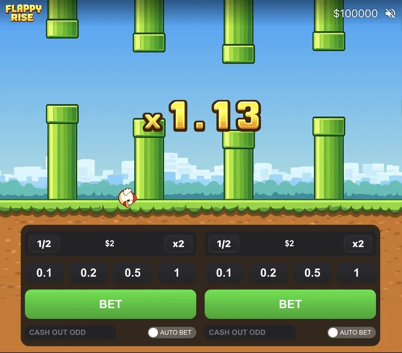 Flappy Rise gameplay multiplier growing with betting panel active